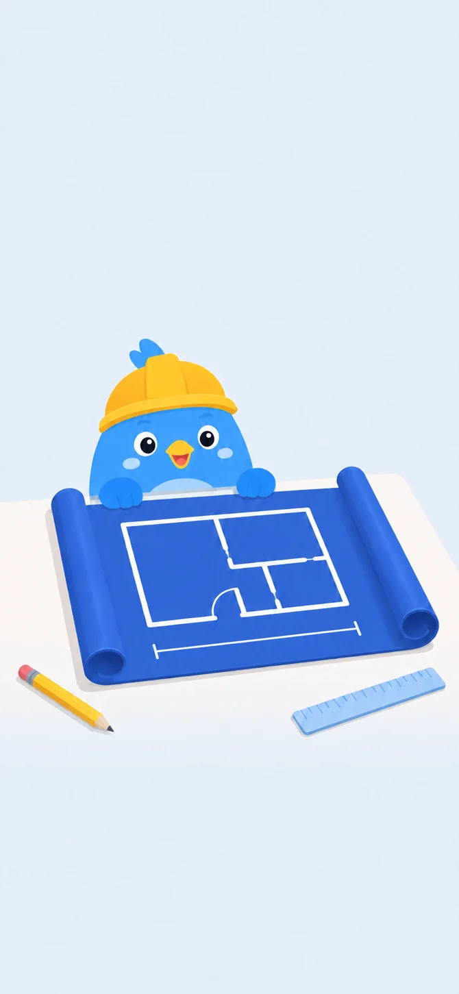 The Toccobird blue bird in a yellow hard hat reviewing a blueprint with a pencil and ruler.